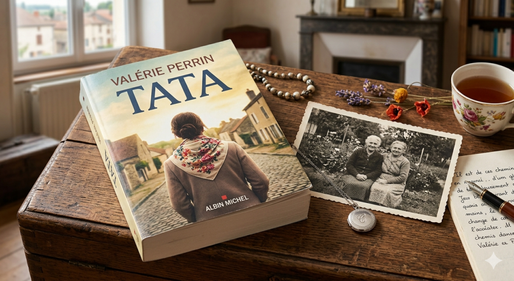 Livre Tata de Valérie Perrin sur une table avec une vieille photo de famille.